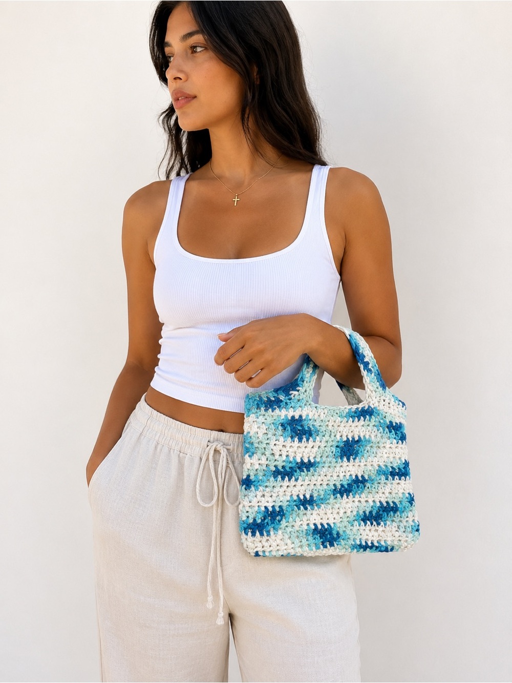 Handmade Blue & White Crocheted Tote Bag - Women Bags